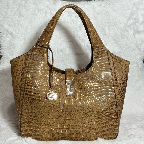 Brahmin Small Carla Mini Melbourne Bag Satchel Tote Croc Leather Vintage Gold - Picture 1 of 16